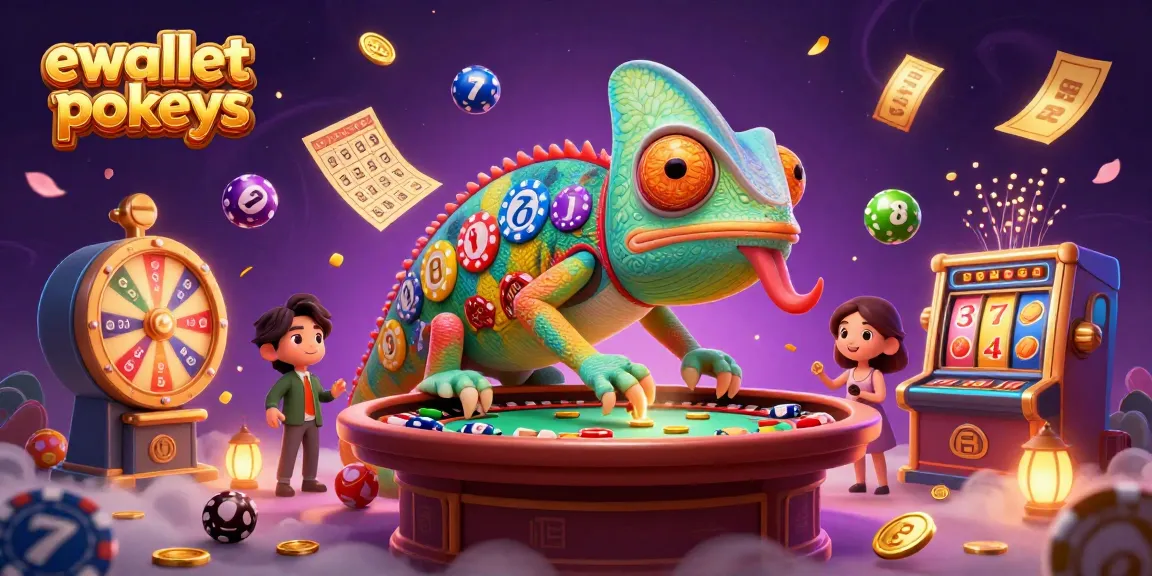 Engage with ewallet pokies in a vibrant casino scene featuring a colorful chameleon and dynamic game elements.