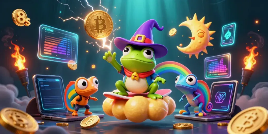 Wager with 8s as a weather wizard frog conjures golden coins, rich gaming elements abound.