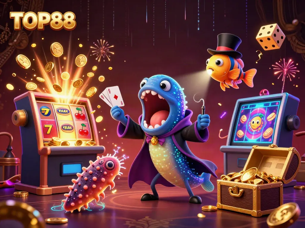 Engage with TOP88's thrilling jackpot experience featuring vibrant casino games and characters in a magical performance.