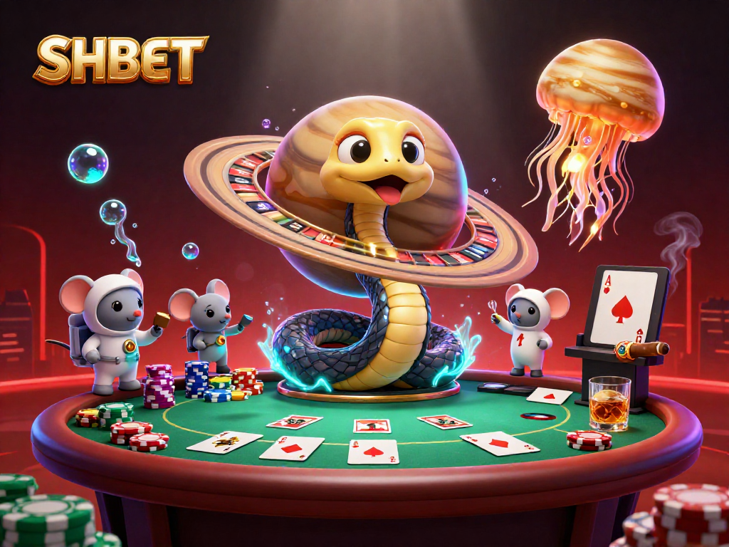Engage in thrilling bets with SHBET's animated casino scene featuring exciting characters and a roulette wheel.