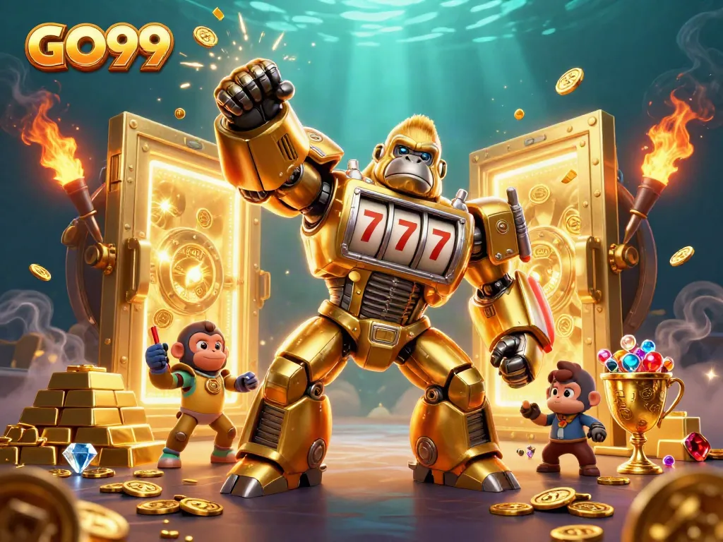 Experience winning thrills at GO99 with a dynamic 3D casino illustration showing golden gorilla mech and treasures.