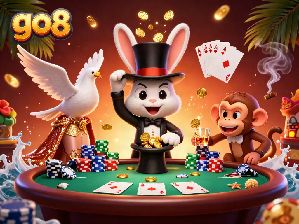 Experience the excitement of go8 casino with a 3D magician rabbit, coins, and poker chips in a vibrant scene.