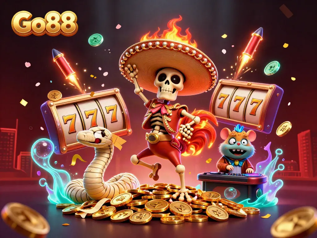 Engage with Go88's vibrant gaming world featuring a mariachi rooster and exciting slot elements.