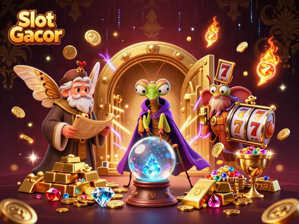 Slot Gacor showcases vibrant online casino action with animated characters in a dynamic 3D illustration.