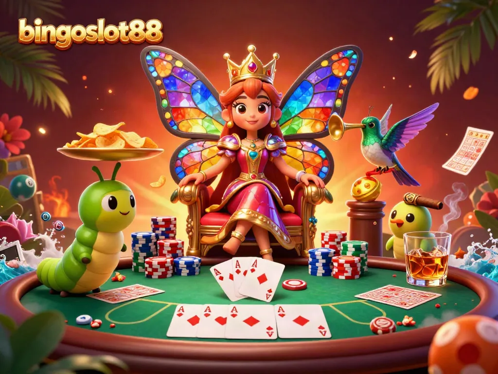 Nikmati keseruan bingoslot88 dengan ilustrasi 3D yang menampilkan ratu kupu-kupu dan elemen bingo.