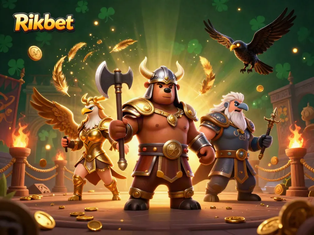 Engage with Rikbet in a vibrant casino scene featuring Viking, eagle, and runic motifs.
