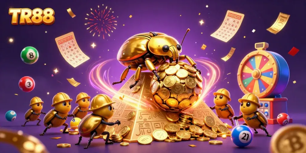 Experience the excitement of TR88 as golden beetles roll coins in a vibrant casino scene.