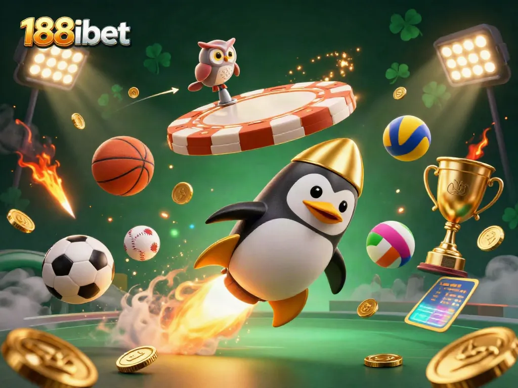 Experience the thrill of 188ibet with a golden penguin rocketing towards a casino space station.