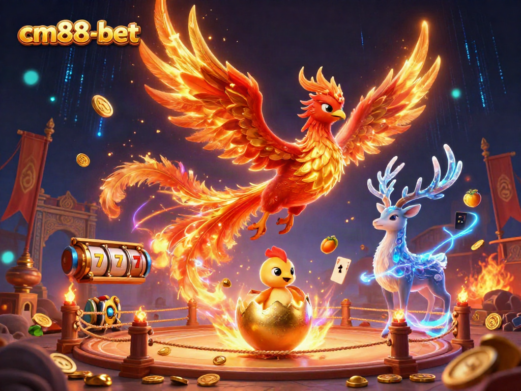 Experience the vibrant world of cm88-bet with dynamic casino elements featuring mystical creatures and thrilling action.