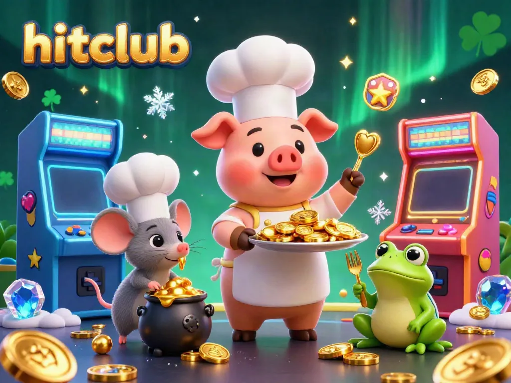 Experience hitclub's dynamic gaming atmosphere with vibrant 3D characters and arcade elements.