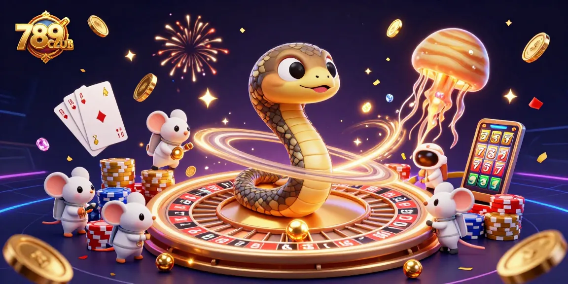 Experience the excitement of 789CLUB with a cosmic casino scene featuring roulette and cards.