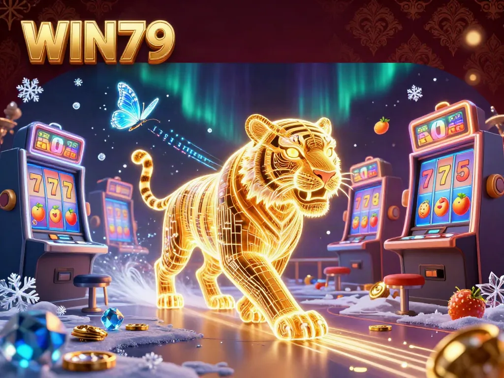 WIN79 casino promotional illustration with a golden tiger and vibrant gaming elements.