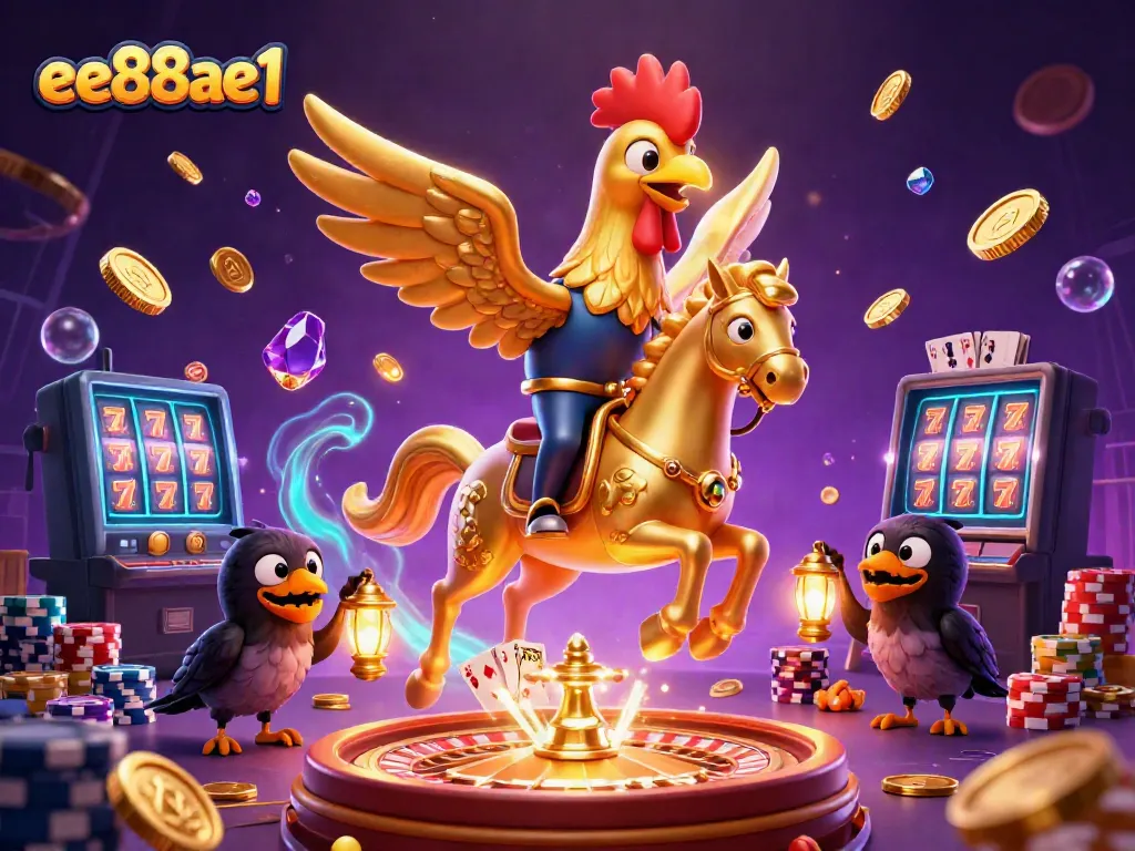 Win big with ee88ae1 at the online casino, featuring golden rooster and roulette elements.