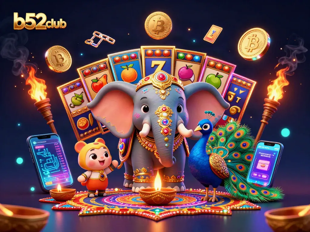 Engage with b52club in a vibrant casino scene rich with neon slot elements and cultural icons.