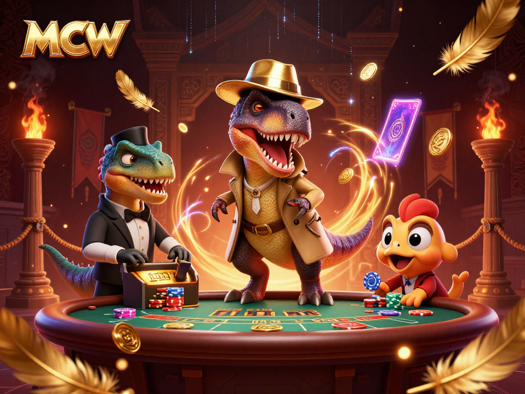 Watch the MCW velociraptor counter at blackjack while a stegosaurus pit boss keeps an eye on him.
