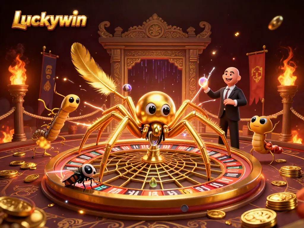Luckywin captivates players with a thrilling scene of a golden spider spinning a roulette web while a fly nervously bets.