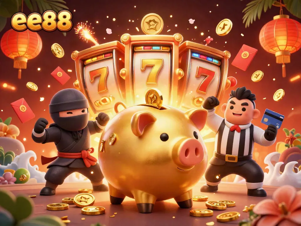 Engage with ee88's vibrant casino scene featuring a golden piggy bank sumo wrestler and dynamic elements.
