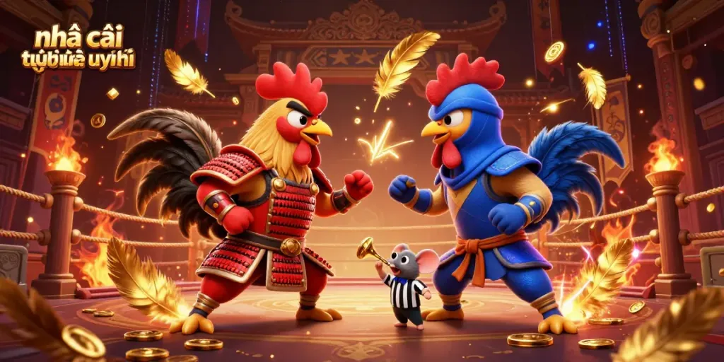 Engage in thrilling battles at nhà cái trực tuyến uy tín with cartoon fighting roosters, vibrant colors, and dynamic action.