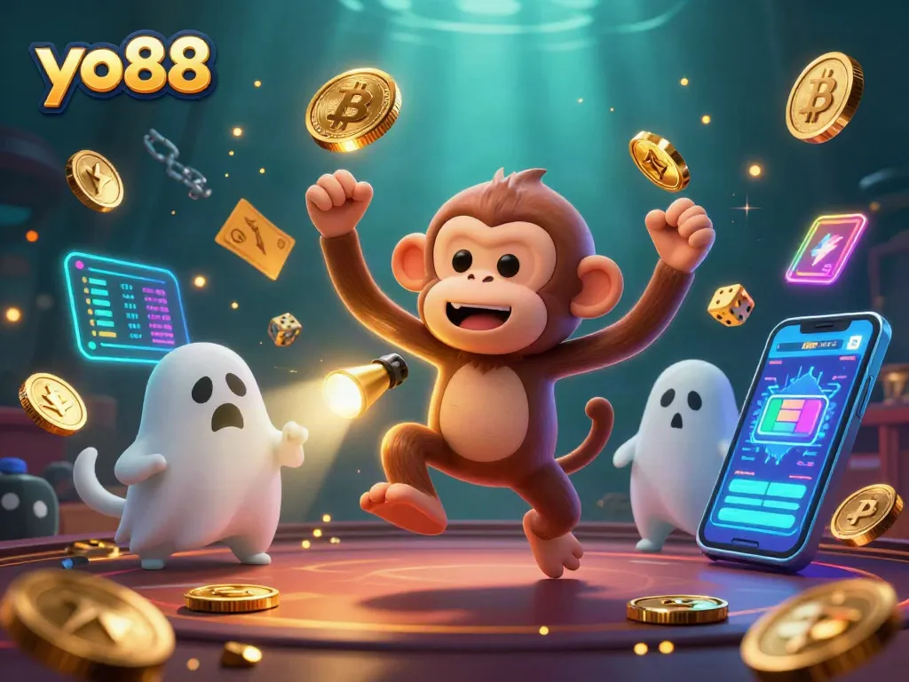 Join the excitement of yo88 with a playful poltergeist monkey juggling casino treasures.