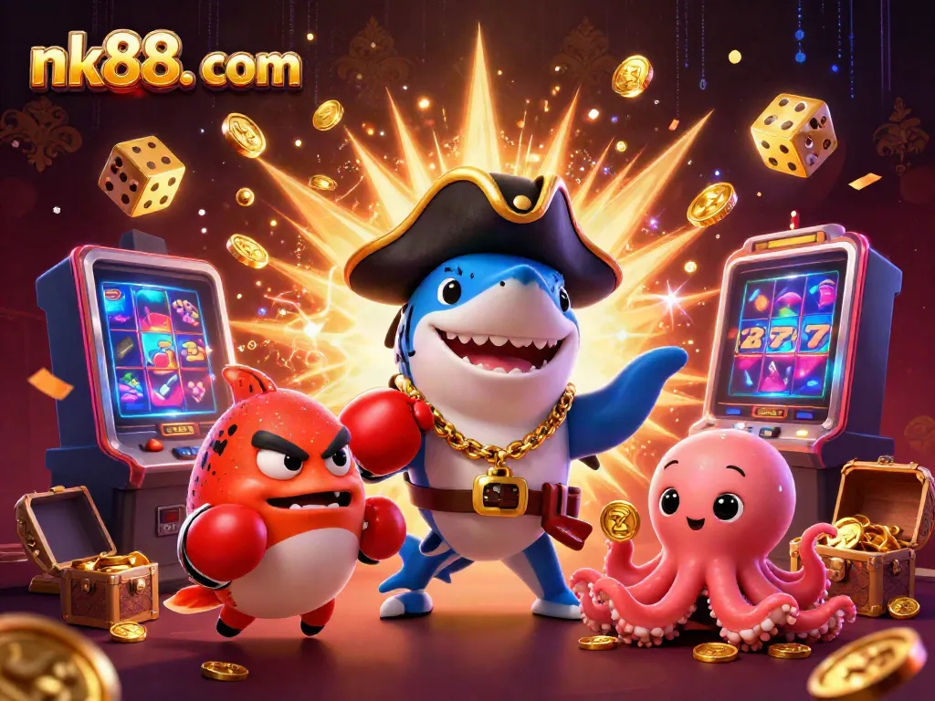 Engage with nk88. com through this vibrant casino scene showcasing excitement, gambling fun, and colorful characters.