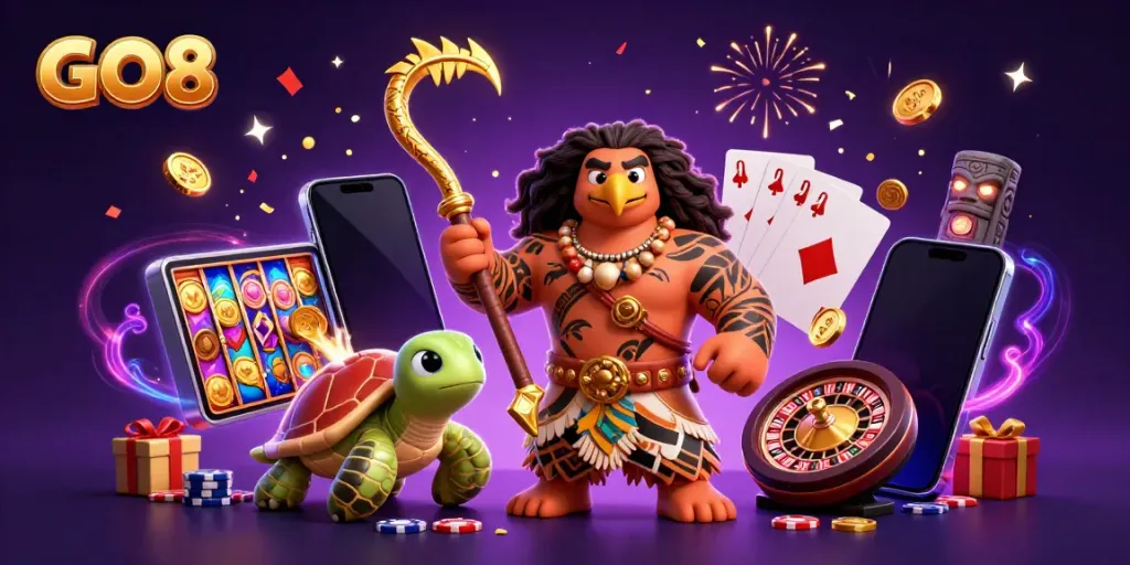 Engage with exciting GO8 slots featuring vibrant characters in an immersive casino scene.