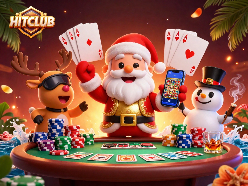 Celebrate big wins at HITCLUB with festive casino characters in a vibrant gaming atmosphere.