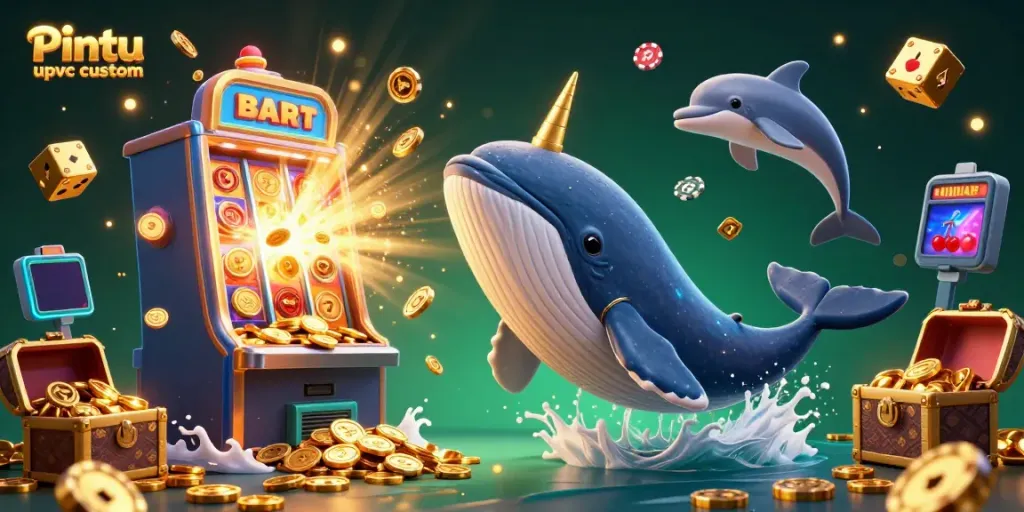 Pintu upvc custom showcases a vibrant scene with a whale, dolphins, and slot machine elements creating a dynamic casino experience.