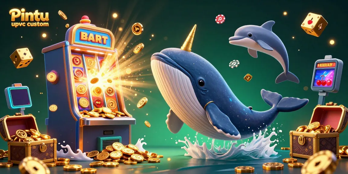 Pintu upvc custom showcases a vibrant scene with a whale, dolphins, and slot machine elements creating a dynamic casino experience.