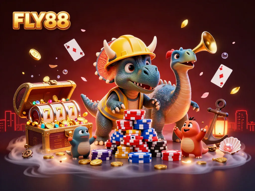 Join the fun at FLY88 casino with vibrant characters celebrating wins amid rich gaming elements.
