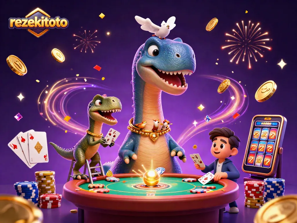 Experience gaming thrills with rezekitoto at a vibrant casino featuring a playful dinosaur scene.