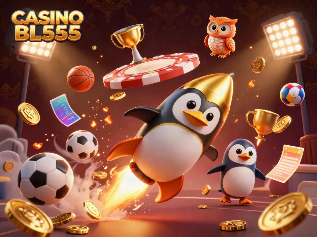 Experience the excitement of Casino BL555 with a golden penguin and poker-themed space adventure!