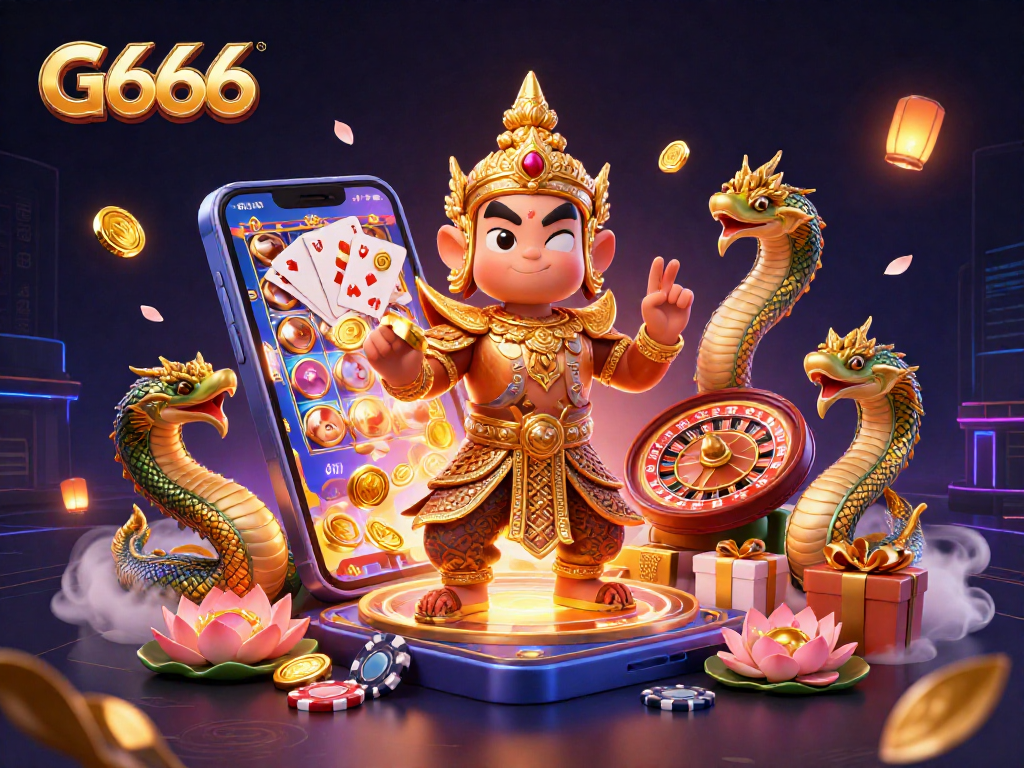 Engage with G666 gaming excitement featuring a friendly guardian and vibrant casino elements.