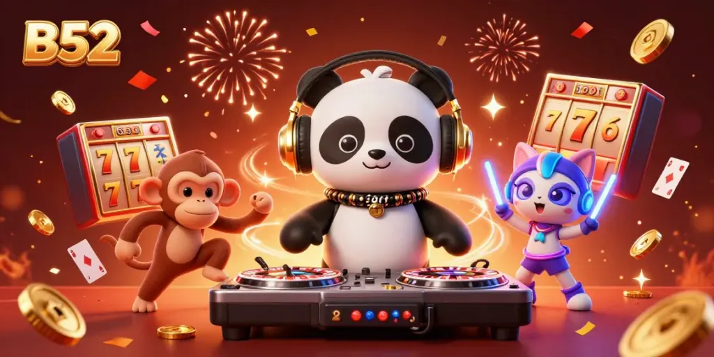 Experience lively gaming at B52 with DJ panda and vibrant symbols bringing excitement!