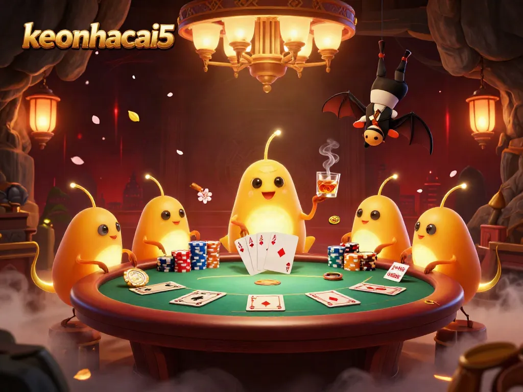 Experience the thrill of keonhacai5 in a vibrant casino scene with luminescent glowworms and high-stakes poker action.