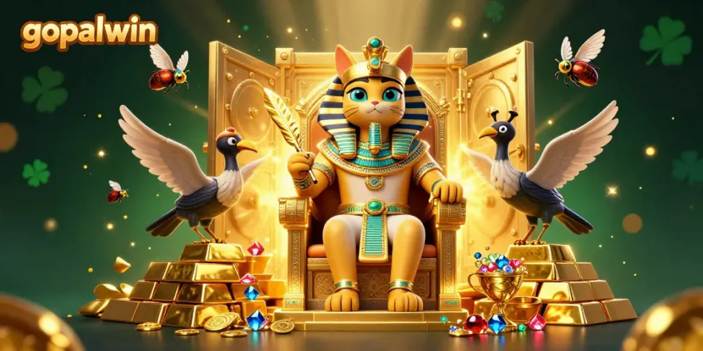 Gopalwin casino illustration featuring an Egyptian cat pharaoh among piles of treasures and gems.