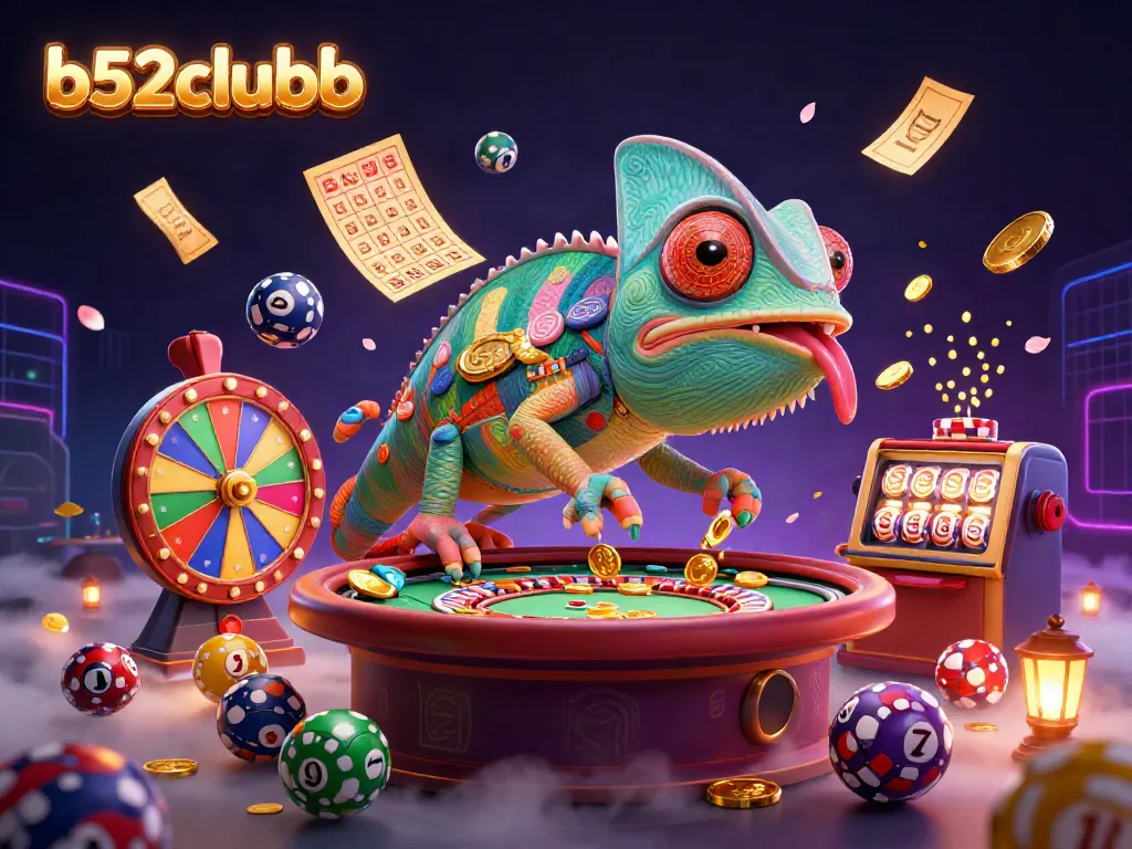 Engage with b52clubb's vibrant casino scene featuring colorful balls and golden prizes.
