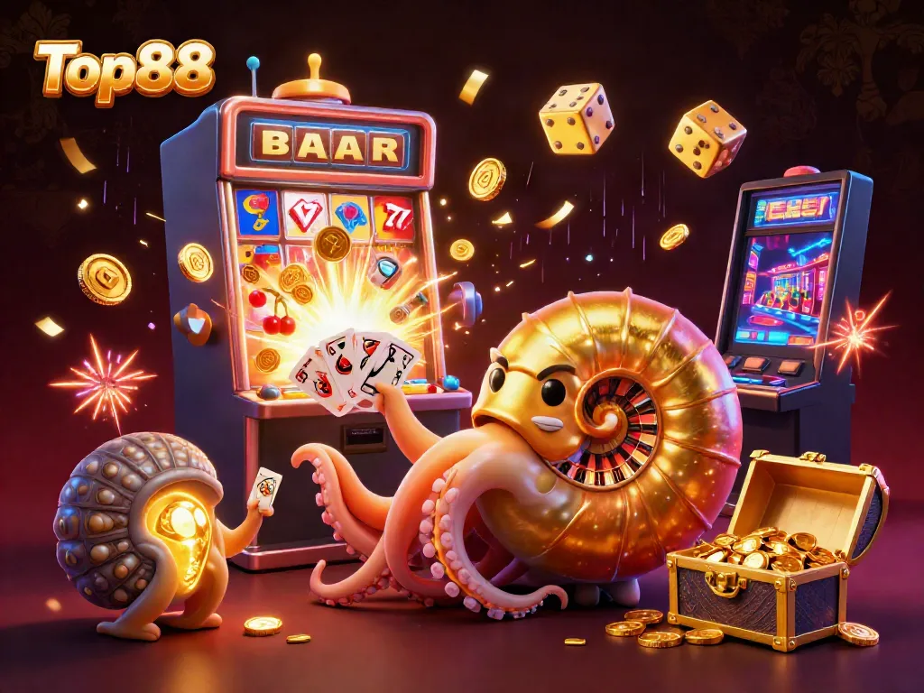 Engage in thrilling games at Top88 with vibrant visuals of rewards and a dynamic casino atmosphere.