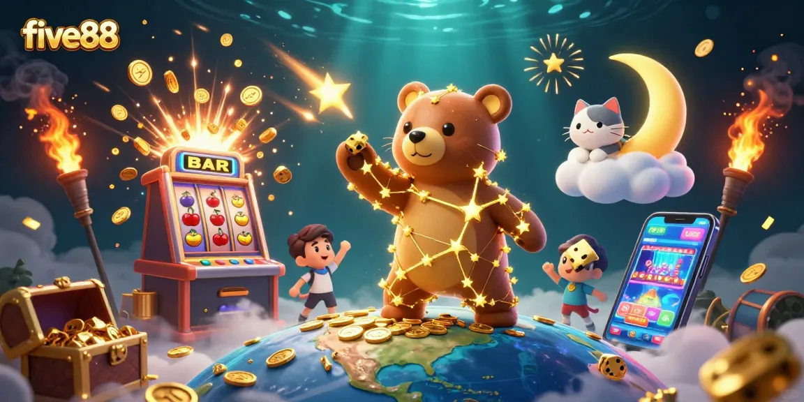 Experience five88's excitement with a 3D constellation bear and vibrant casino symbols in a cosmic setting.