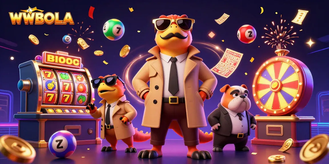 Menghadirkan WWBOLA, tiga raptor kartun dalam trench coat memasuki lounge VIP kasino, dikelilingi elemen permainan yang meriah.