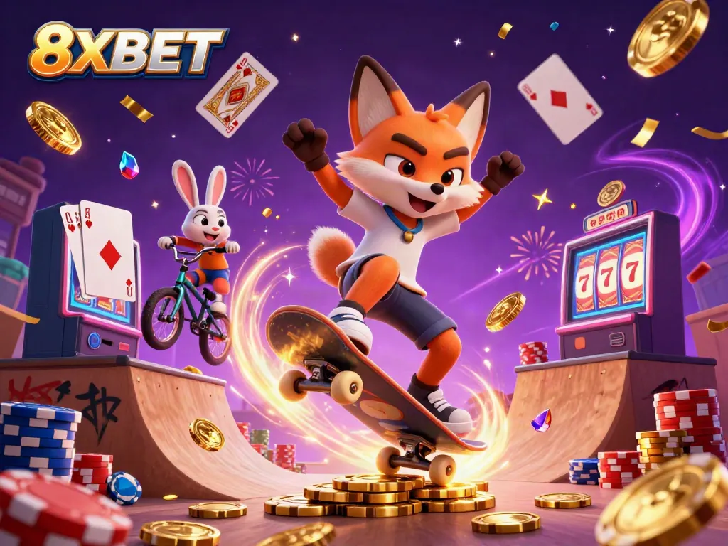 Engaging 3D casino scene with 8XBET characters performing thrilling tricks amidst vibrant gaming elements.