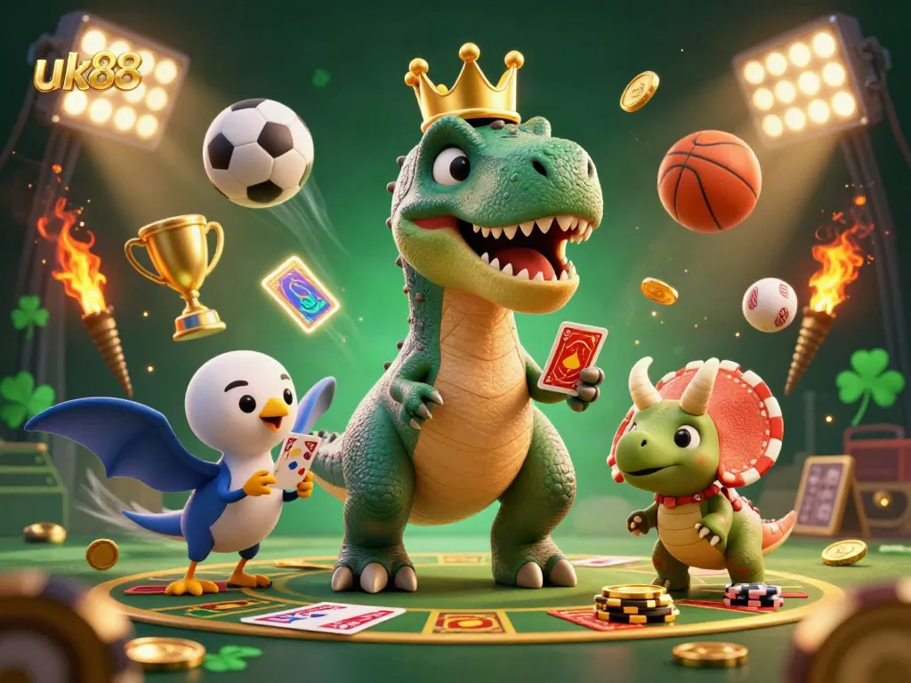 Experience the excitement of uk88 as a T-Rex shuffles cards with friends in a vibrant 3D casino scene.
