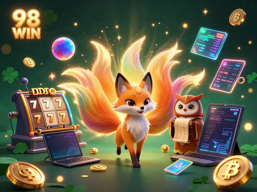 Experience the excitement of 98 WIN with vibrant casino elements in a magical scene.