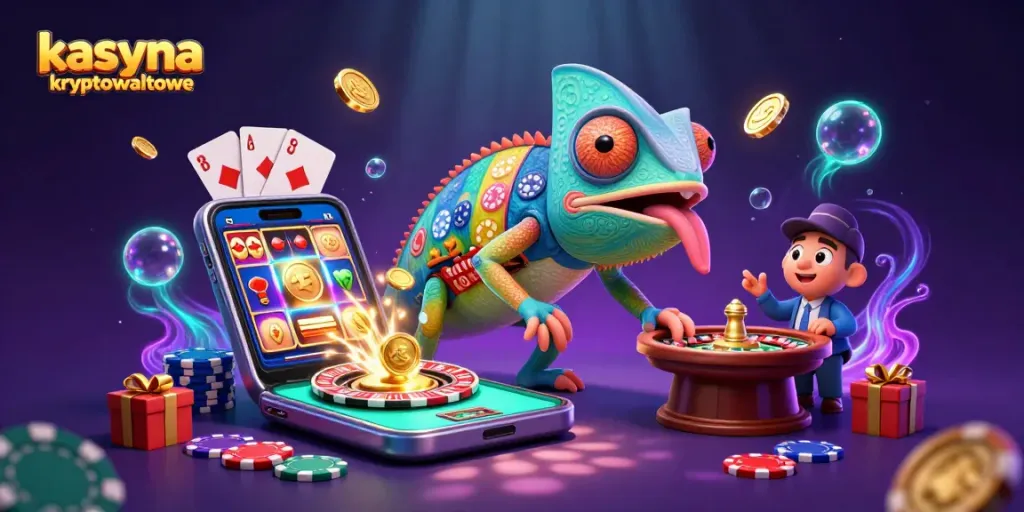 Engaging scene of kasyna kryptowalutowe with a colorful chameleon, highlighting casino games and excitement.