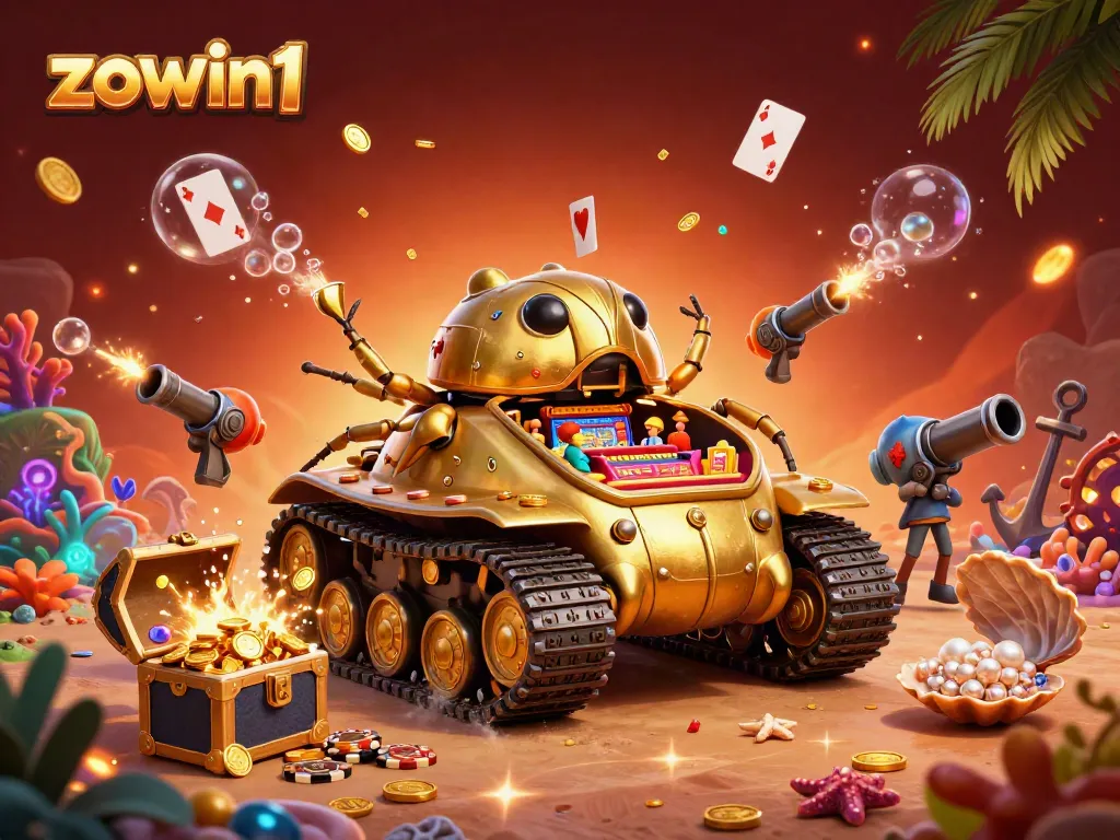 Zowin1 features a dynamic 3D casino scene with a golden beetle tank and vibrant decorations, immersing players in gaming excitement.