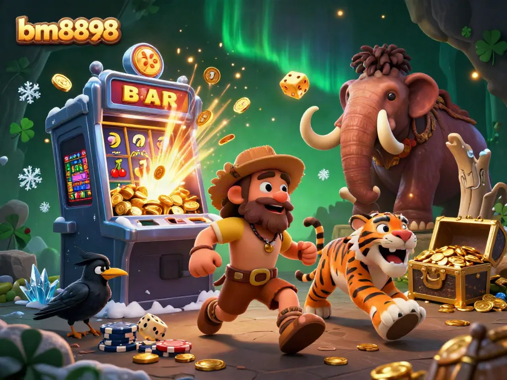 Witness bm8898's prehistoric casino, featuring a duo of characters with a jackpot explosion amidst dynamic casino elements.