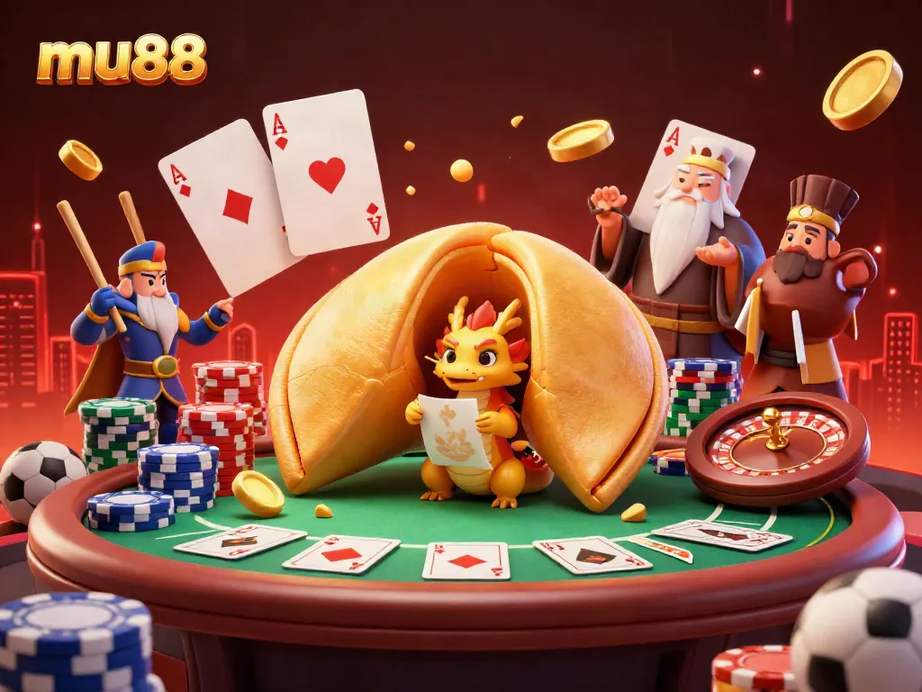Engage in thrilling mu88 casino games featuring a golden fortune cookie and poker chips.