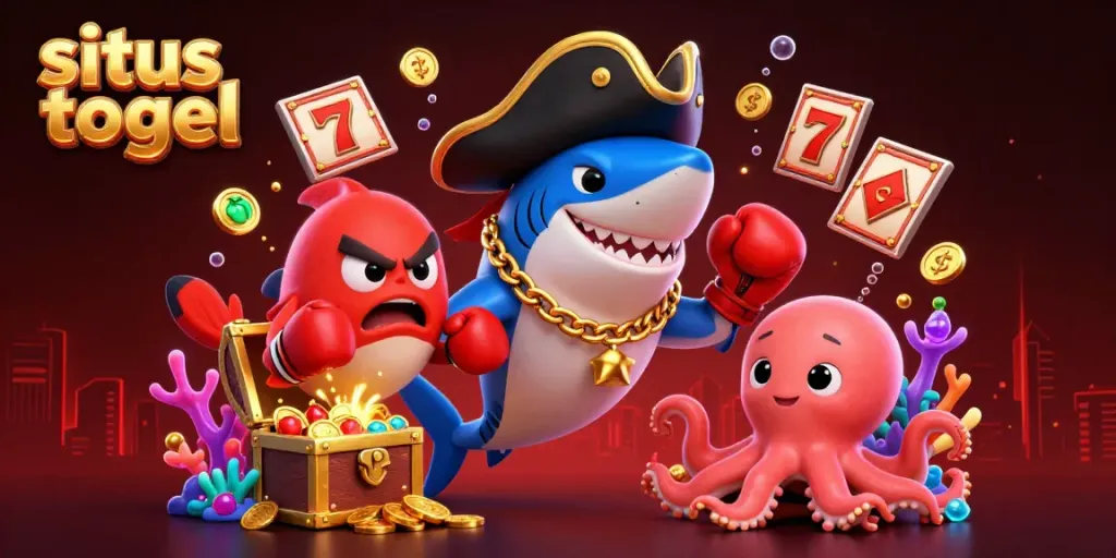 Engaging cartoon pirate shark promoting situs togel amidst colorful slot machine elements and gold coins.