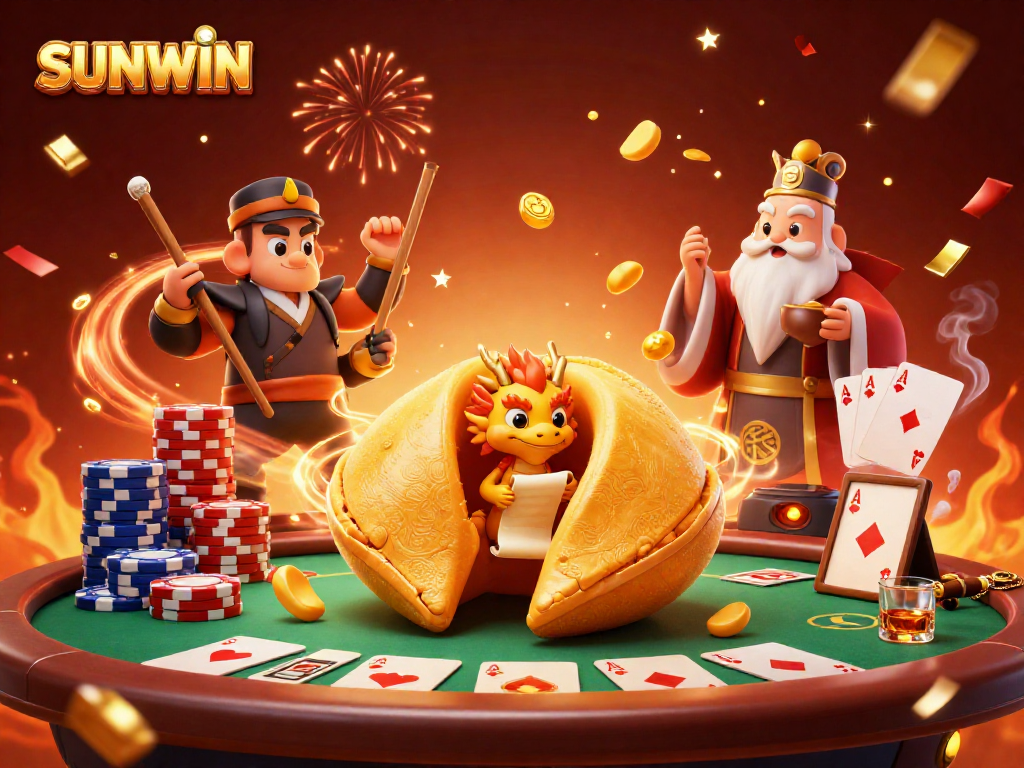 SUNWIN players enjoy a vibrant casino atmosphere with golden fortune cookies and poker excitement.