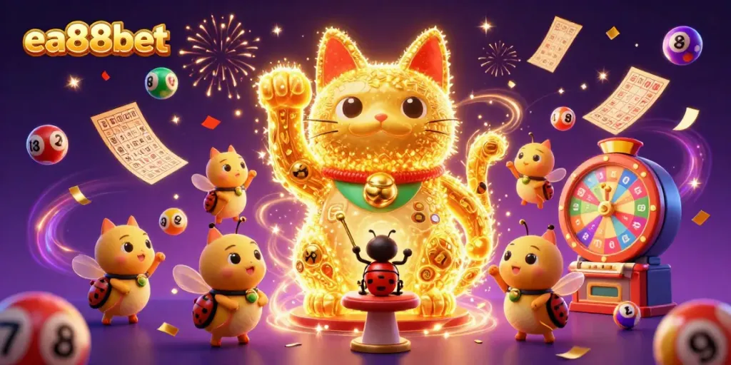 Experience the vibrant world of ea88bet with animated symbols and a lucky cat in dazzling detail.