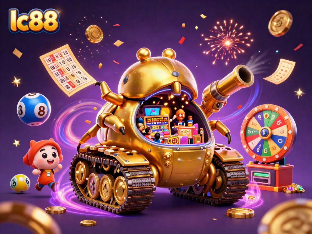 Experience the excitement of lc88 with a vibrant 3D casino scene full of dynamic lottery elements.